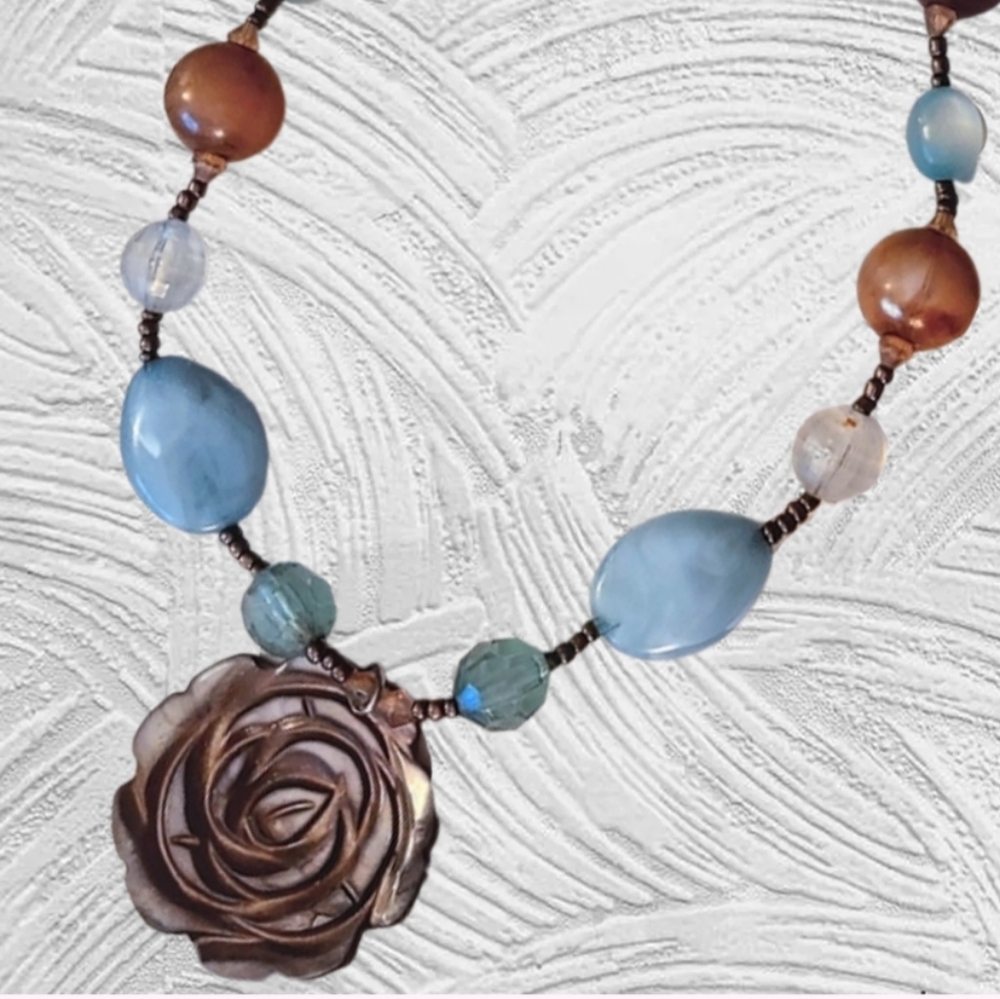 Brown & Blue Beads Necklace w/ Mocha Brown Raised Pattern Rose Pendant